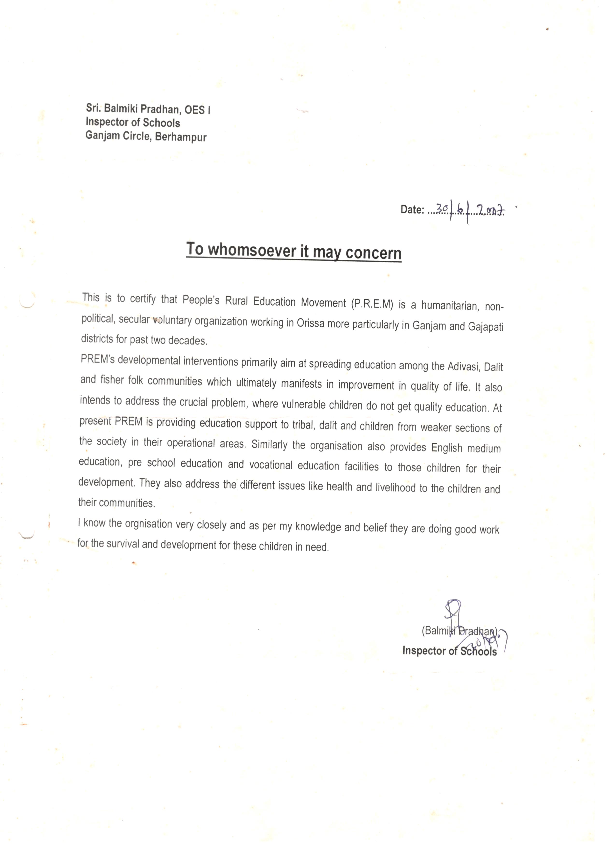 Appreciation letter from Inspector of Schools, Ganjam for PREM’s outstanding work in the field of English Medium Education, Odia Medium Education, Pre School-Education and Vocational Education in the Ganjam District 